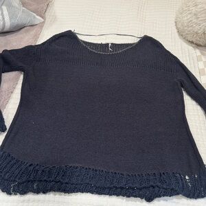 Free People Navy Textured Crew Neck Sweater